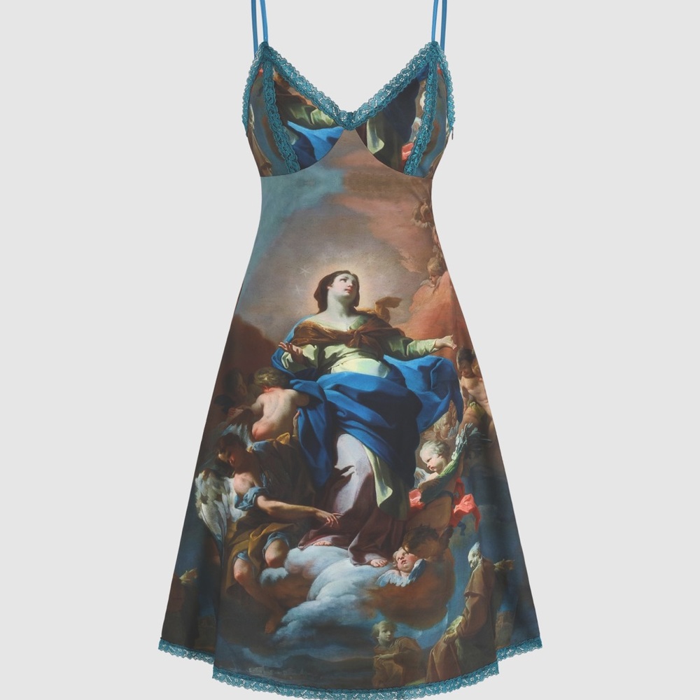 Renaissance Painting Mary Halo Satin Slip Midi Dress